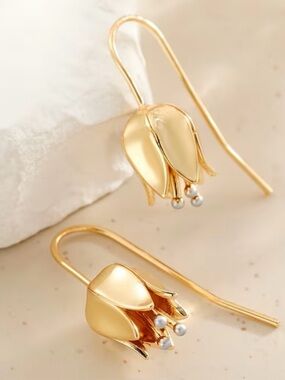 Golden Tulip Drop Earrings with Pearl Accents